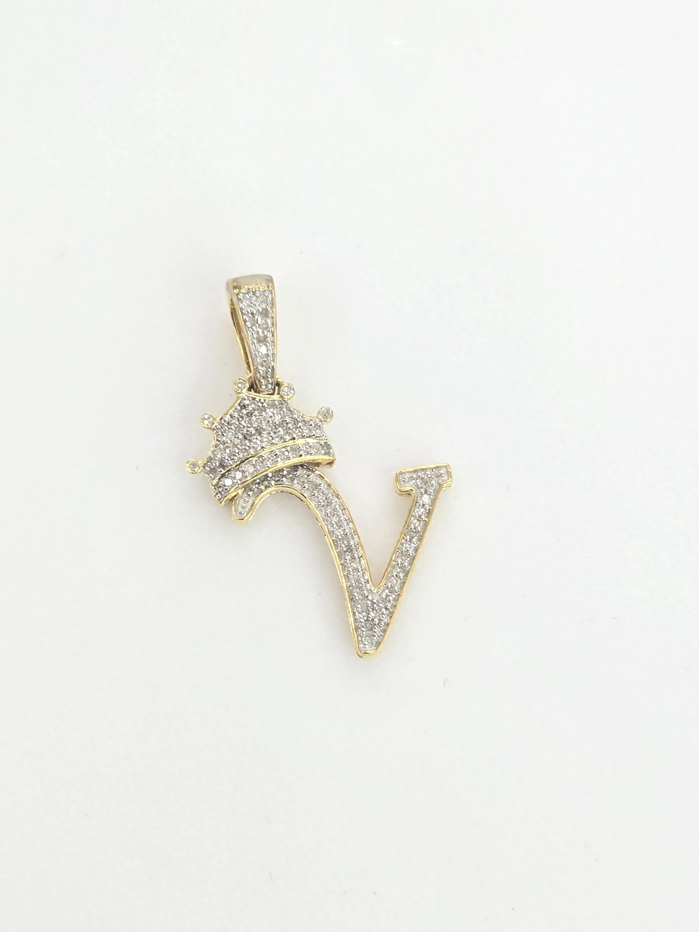 Real Diamond 10kt Gold Crown Style Initial V Pendant